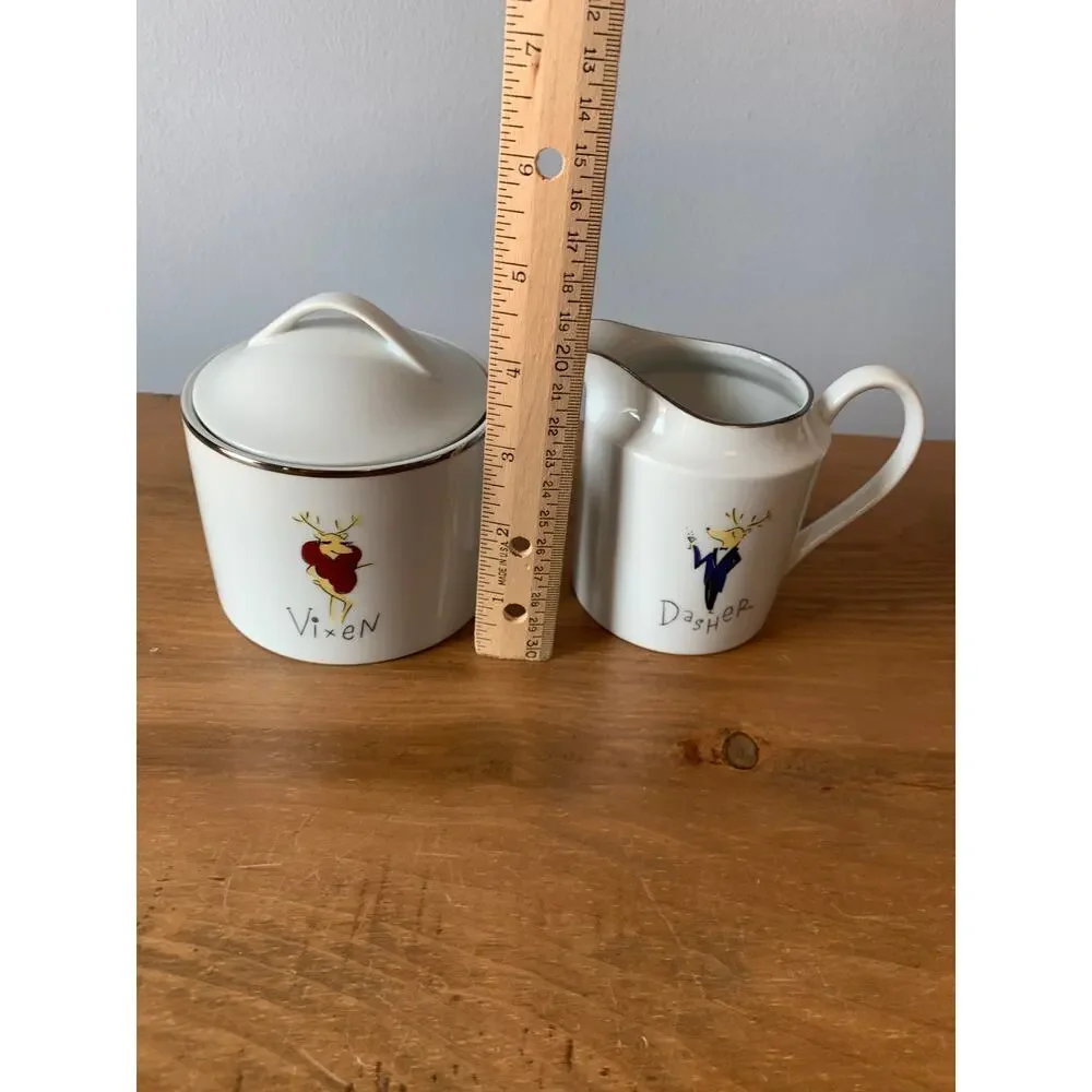 Pottery Barn Reindeer Vixen Dasher Creamer Sugar Bowl Set Christmas Porcelain